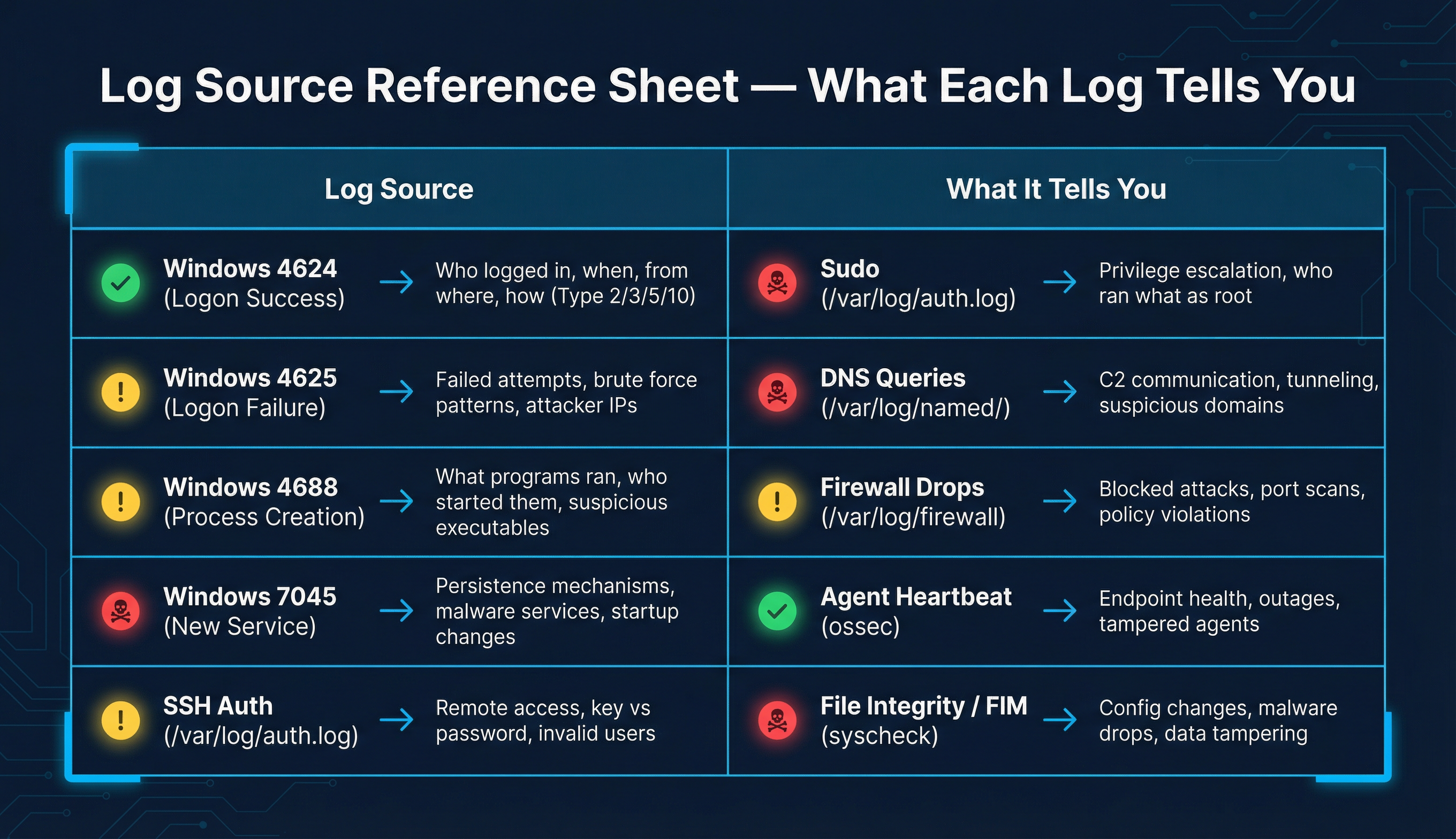 Log Source Reference Sheet — What Each Log Tells You