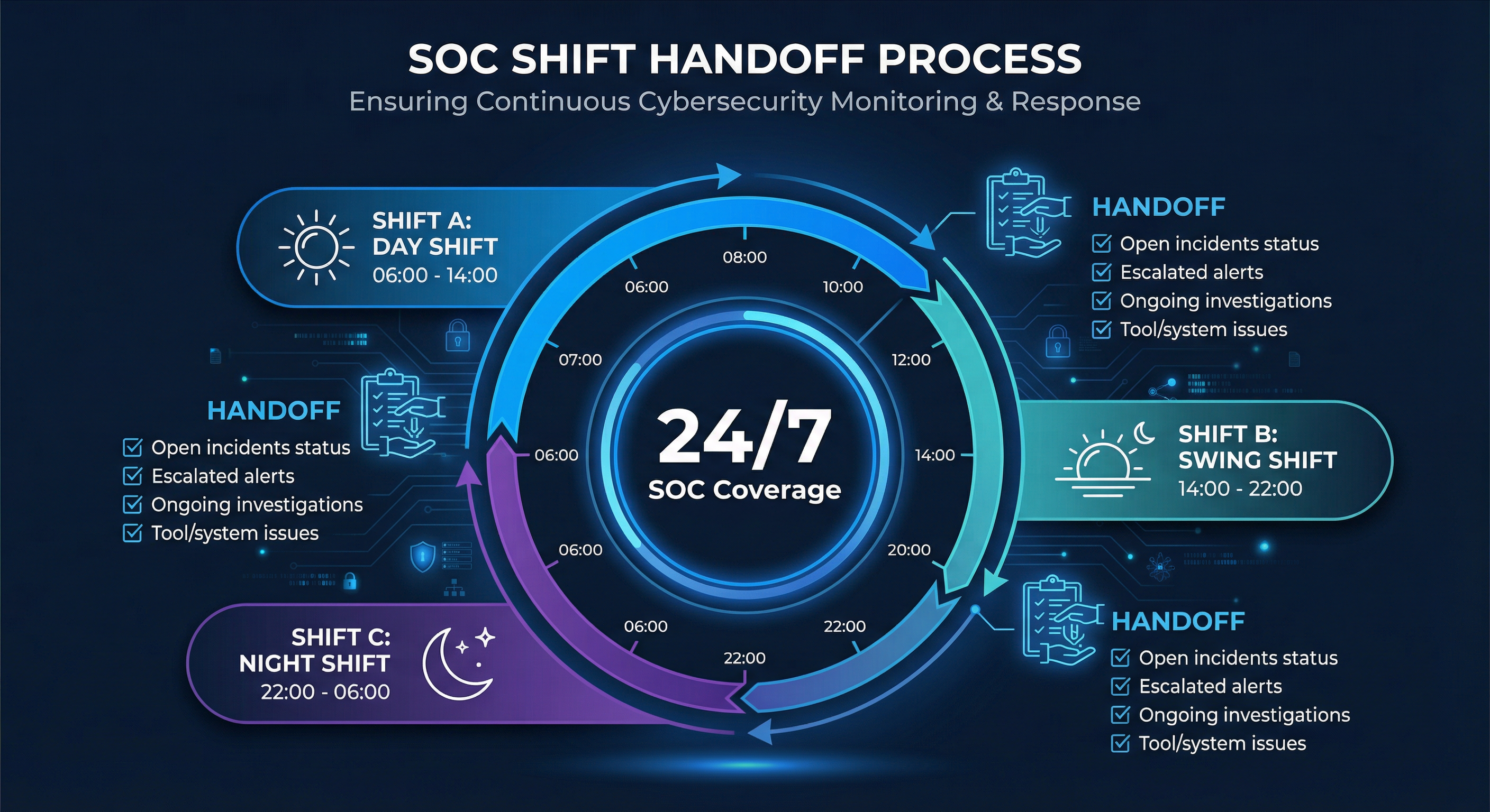 SOC Shift Handoff Process — Ensuring continuous 24/7 coverage