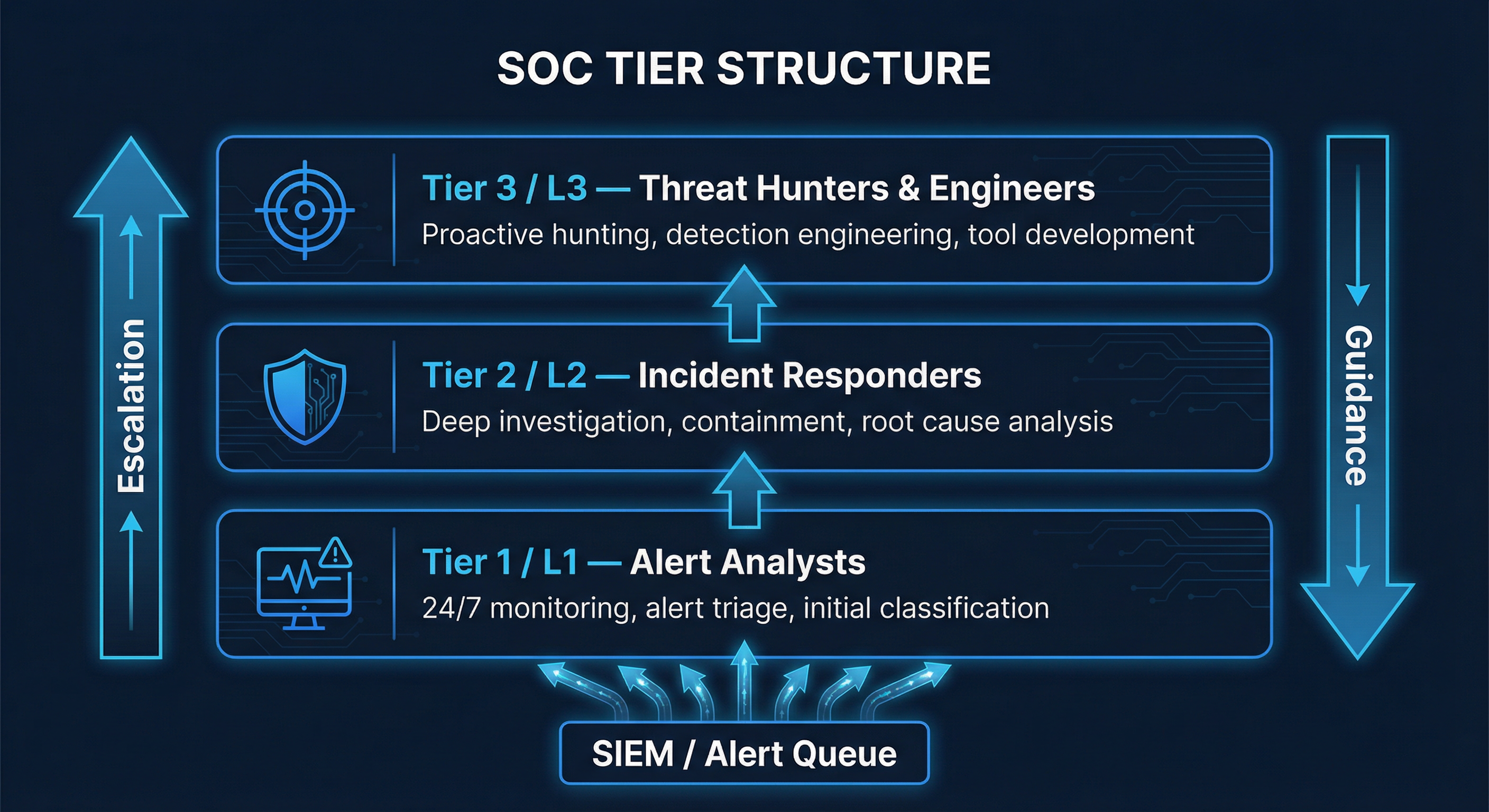 SOC Tier Structure — L1, L2, L3 roles and escalation flow
