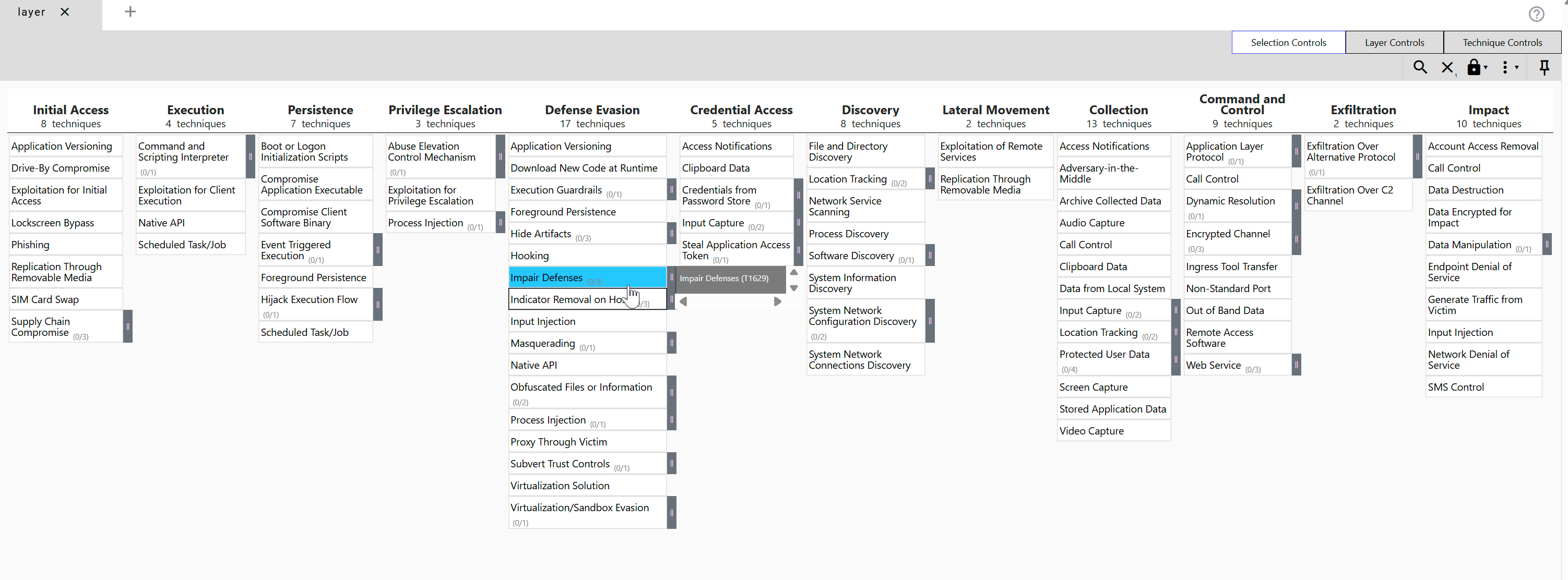 ATT&CK Navigator — Detection coverage heatmap across MITRE ATT&CK techniques