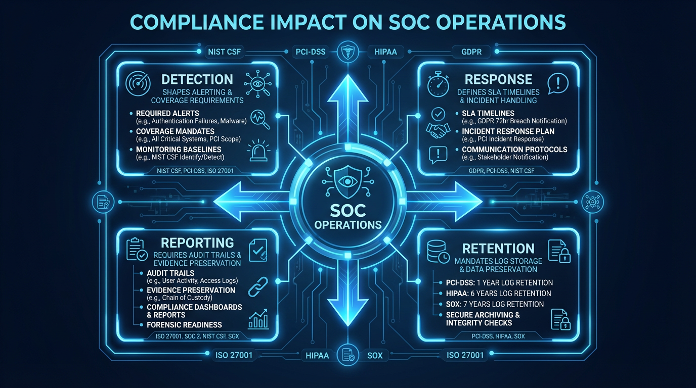 Compliance Impact on SOC — How frameworks shape detection, retention, and response