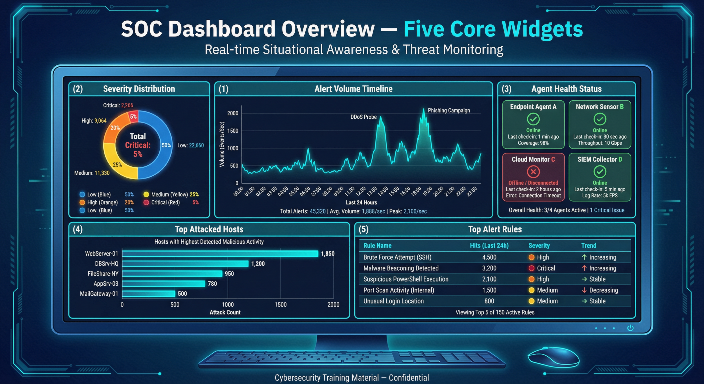 SOC Dashboard Overview — Five Core Widgets