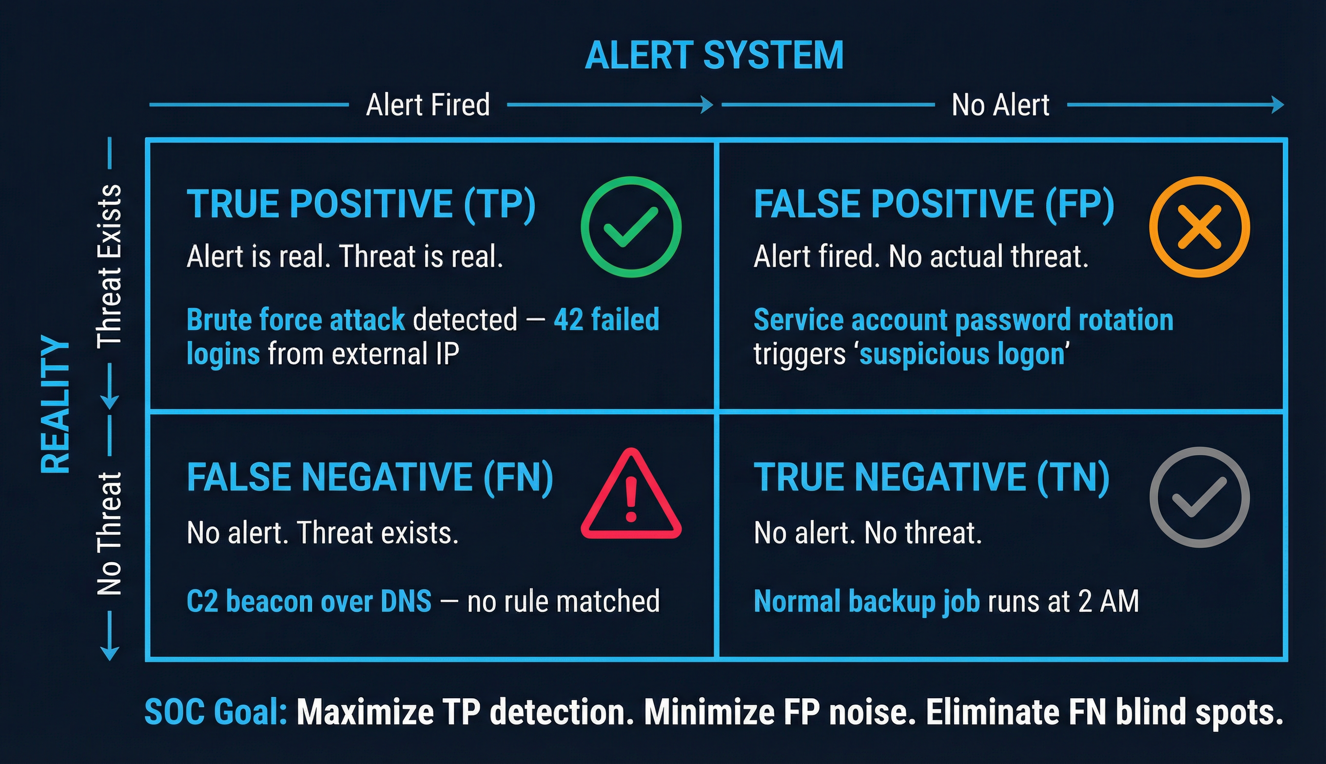 The TP/FP/FN/TN decision matrix — every alert maps to exactly one quadrant