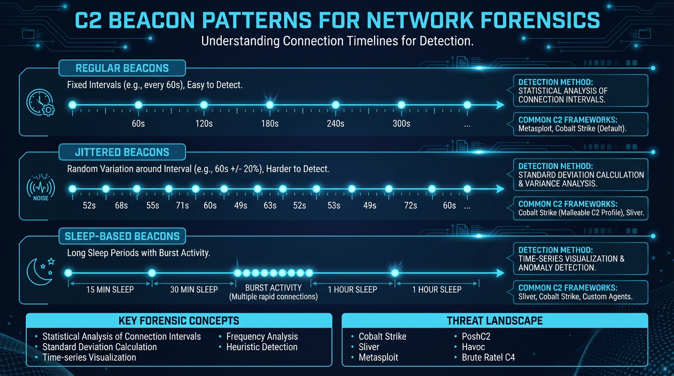 C2 beacon patterns — regular intervals with jitter showing timing analysis