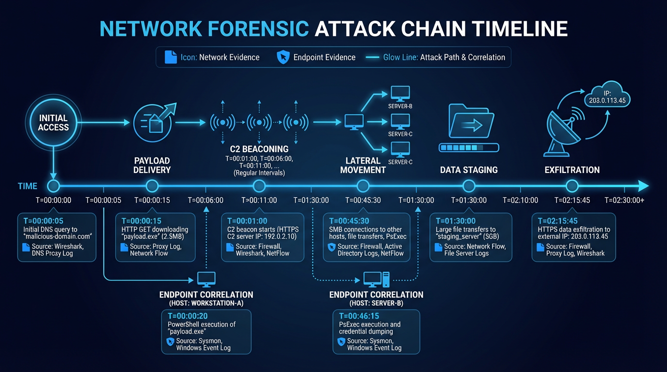 Network forensic timeline — correlating packet evidence with endpoint events