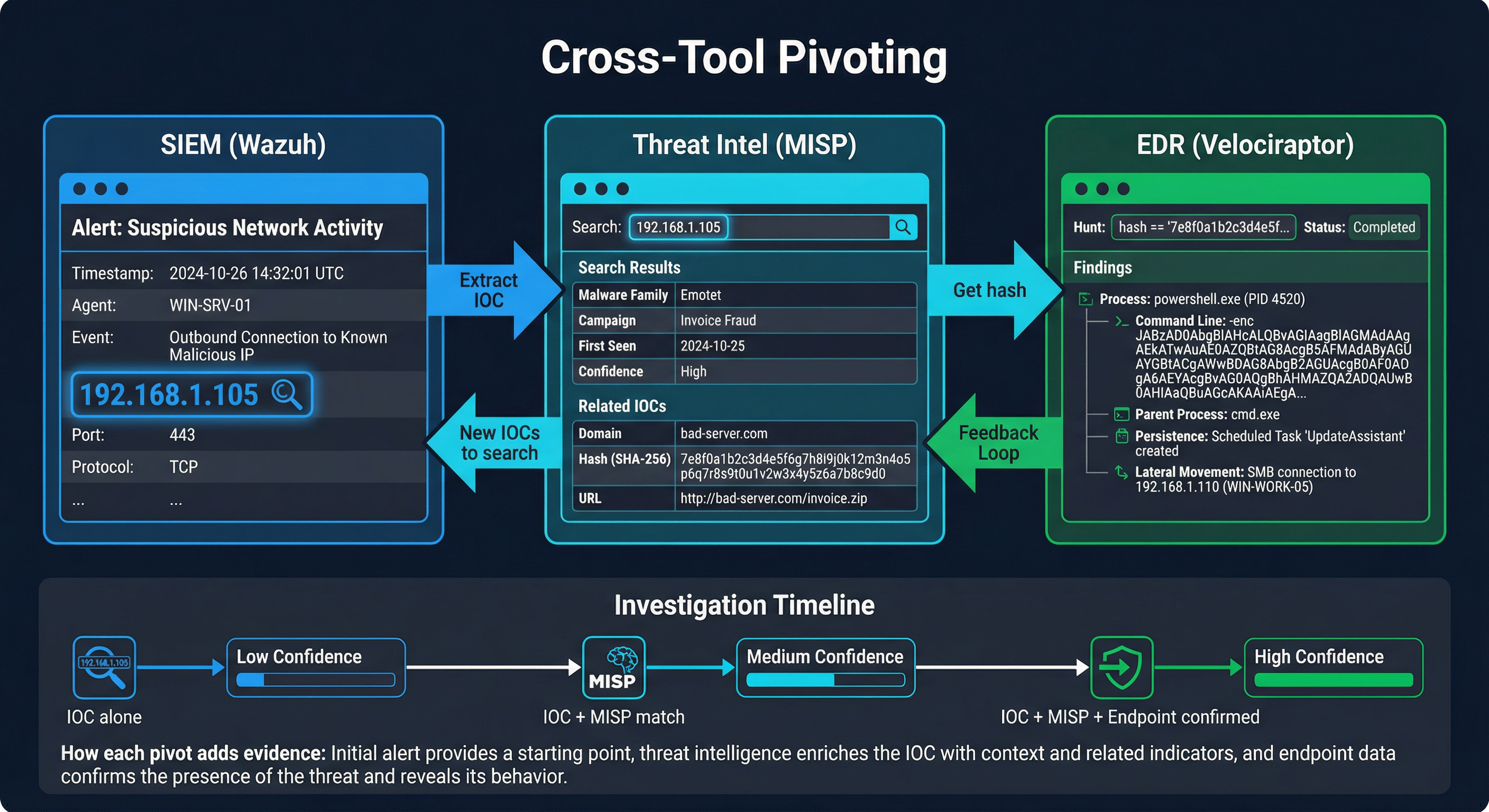 Cross-tool pivoting diagram showing data flows between Wazuh (SIEM), MISP (Threat Intel), Velociraptor (EDR), and Sandbox — arrows show how each tool's output feeds into the next, creating a continuous feedback loop