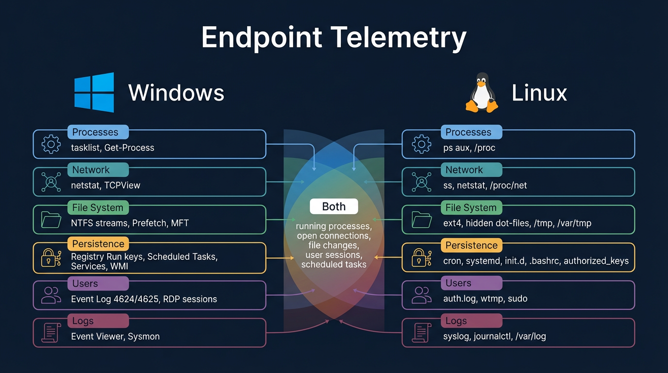 The six categories of endpoint telemetry — processes, network, file system, persistence, users, and logs