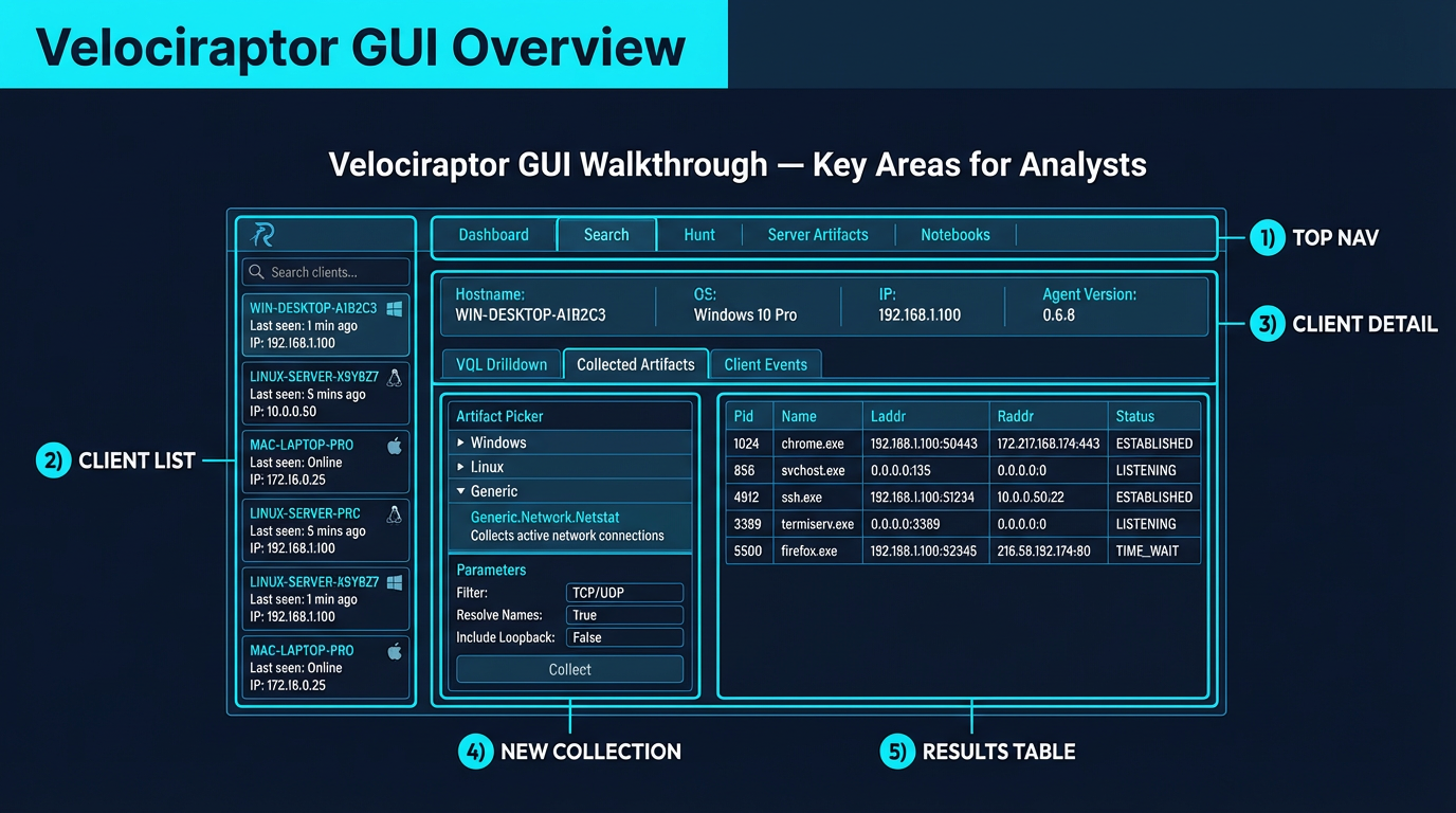 Velociraptor GUI overview — Dashboard, Search, Client Detail, Hunt Manager, Server Artifacts, and Notebooks