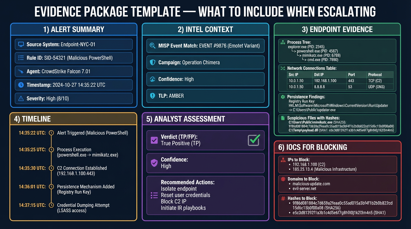 Evidence package template showing the seven sections: Executive Summary, Alert Details, Intel Context, Endpoint Evidence, Timeline, IOCs for Blocking, and Recommended Actions