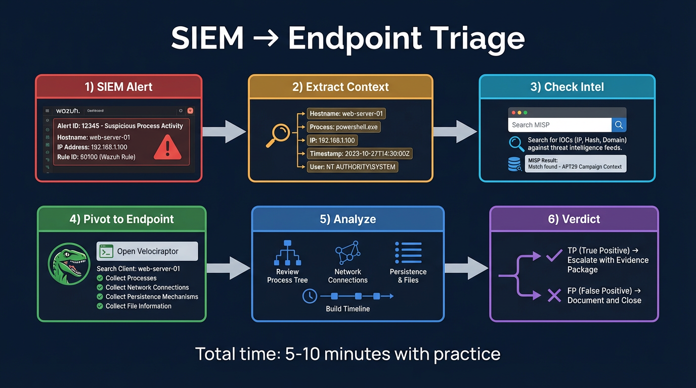 The six-stage endpoint triage workflow: SIEM Alert → Extract Context → Check Intel (MISP) → Pivot to Endpoint (Velociraptor) → Analyze Findings → Verdict & Action, with arrows showing the flow and decision points at each stage