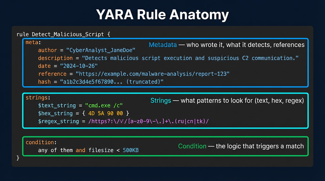 YARA rule anatomy — the three sections: meta (who and why), strings (what to look for), and condition (the logic that triggers)