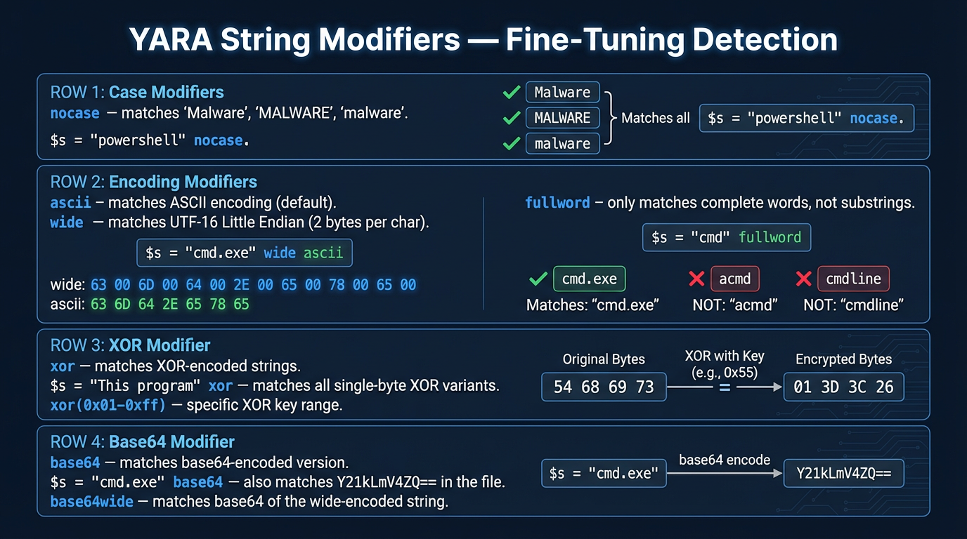 YARA string modifiers — nocase, wide/ascii, fullword, xor, and base64 explained with visual examples