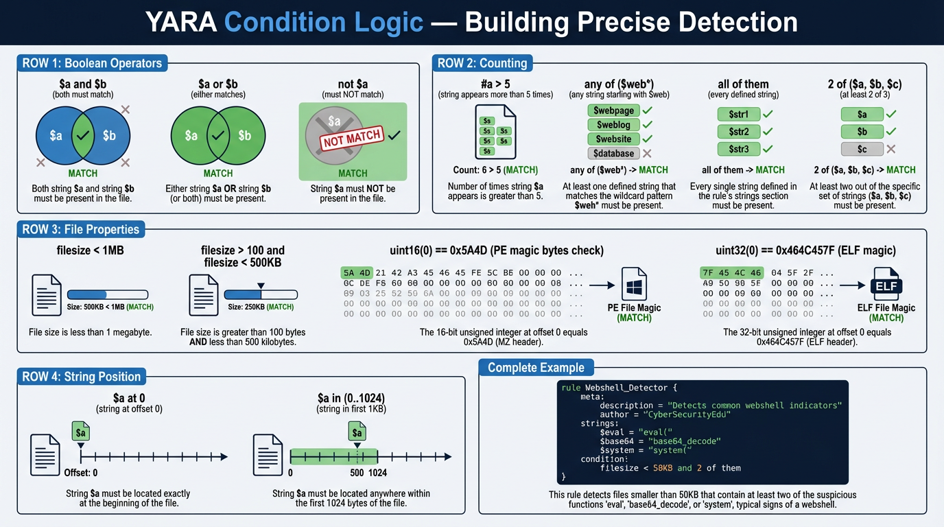 YARA condition logic — Boolean operators, counting, file properties, string positions, and a complete example