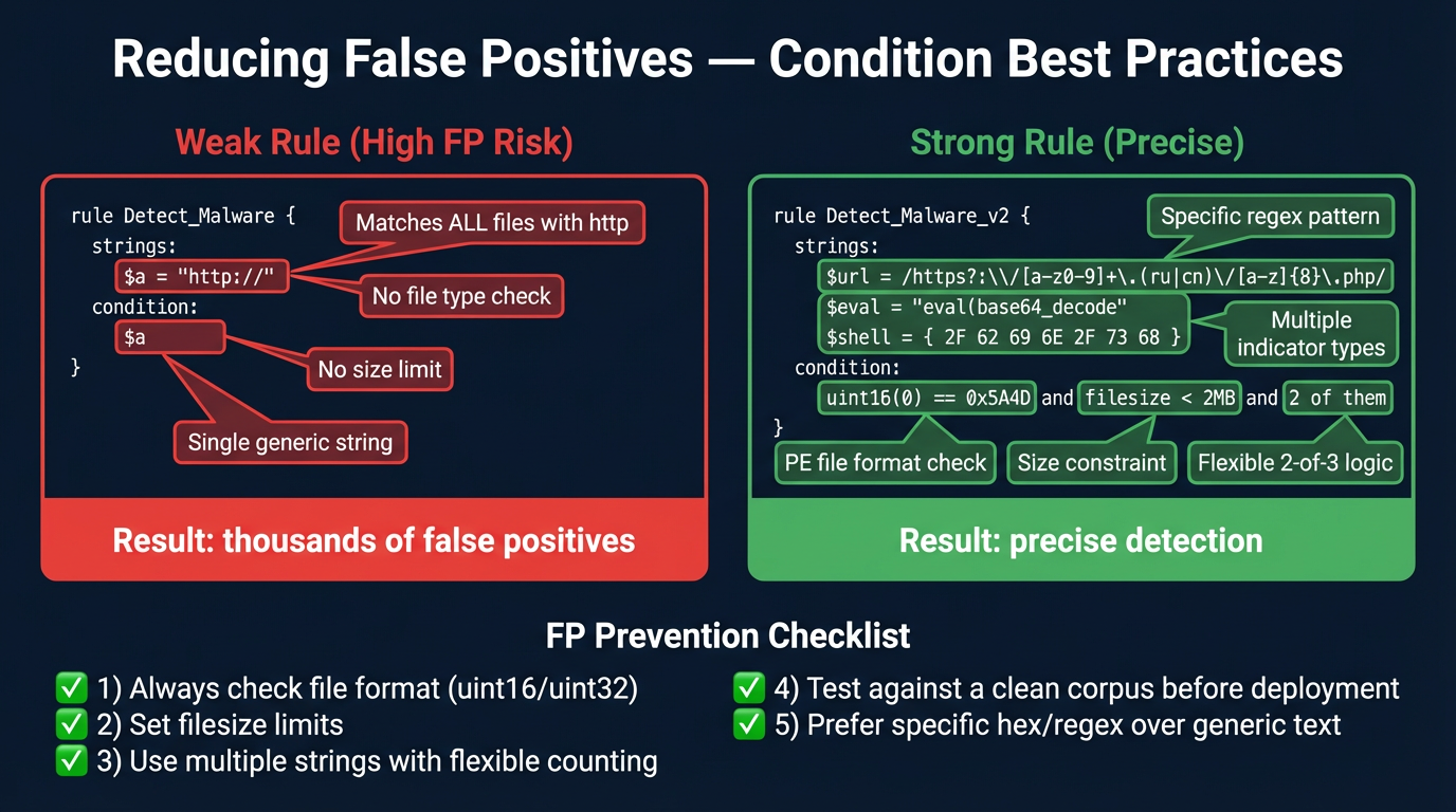 Reducing false positives — comparing a weak rule (high FP risk) with a strong rule (precise detection)