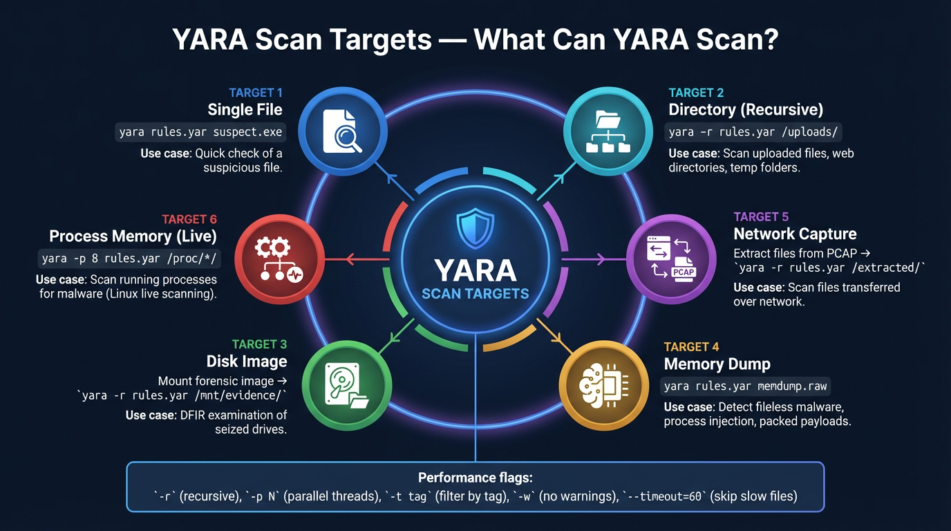 YARA scan targets — single files, directories, disk images, memory dumps, network captures, and live process memory