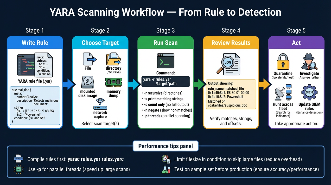 YARA scanning workflow — from writing the rule through choosing a target, running the scan, reviewing results, and acting on findings