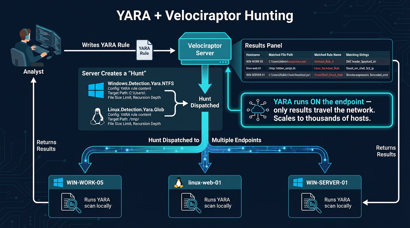 YARA + Velociraptor hunting — the analyst writes a rule, Velociraptor deploys it to all endpoints, YARA runs locally on each, and only results travel back