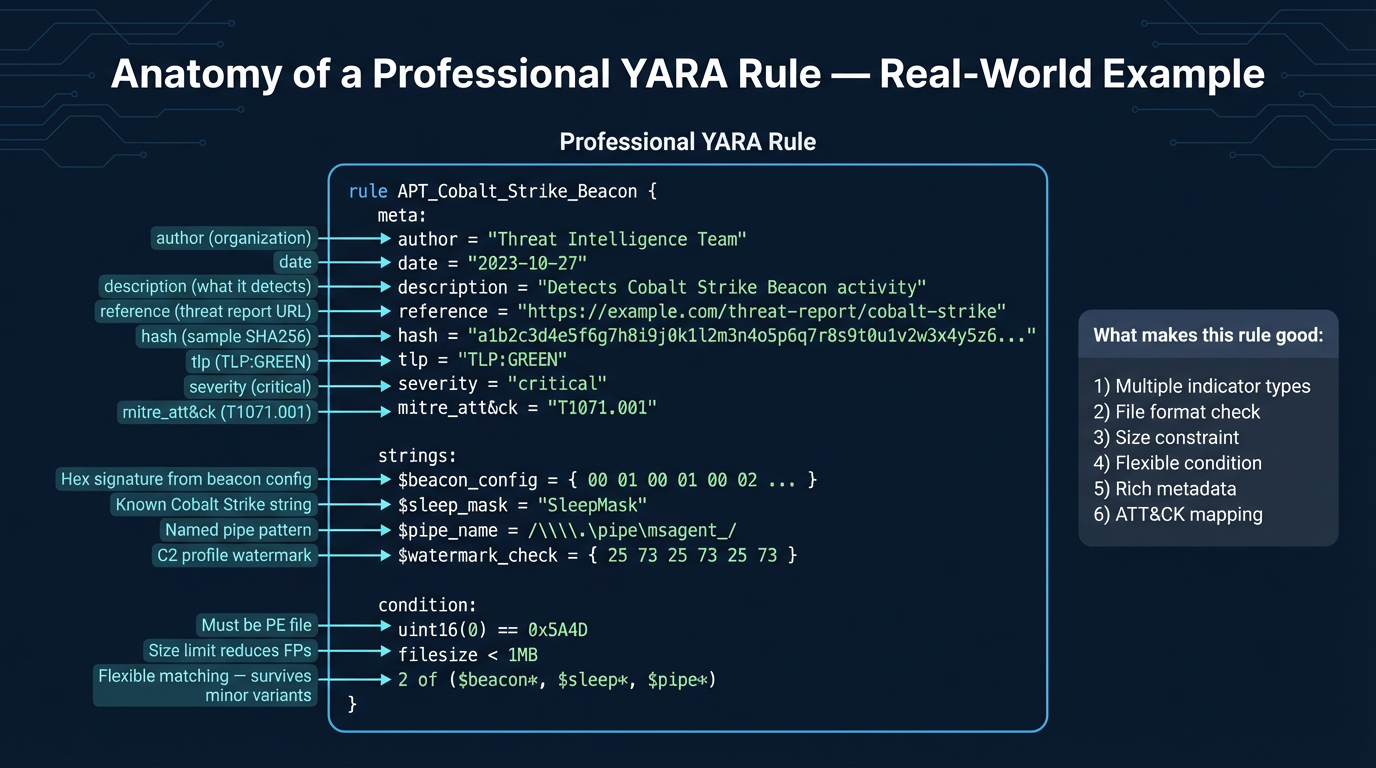 Professional YARA rule anatomy — showing a complete rule with annotated meta fields, diverse string types, and a well-crafted condition