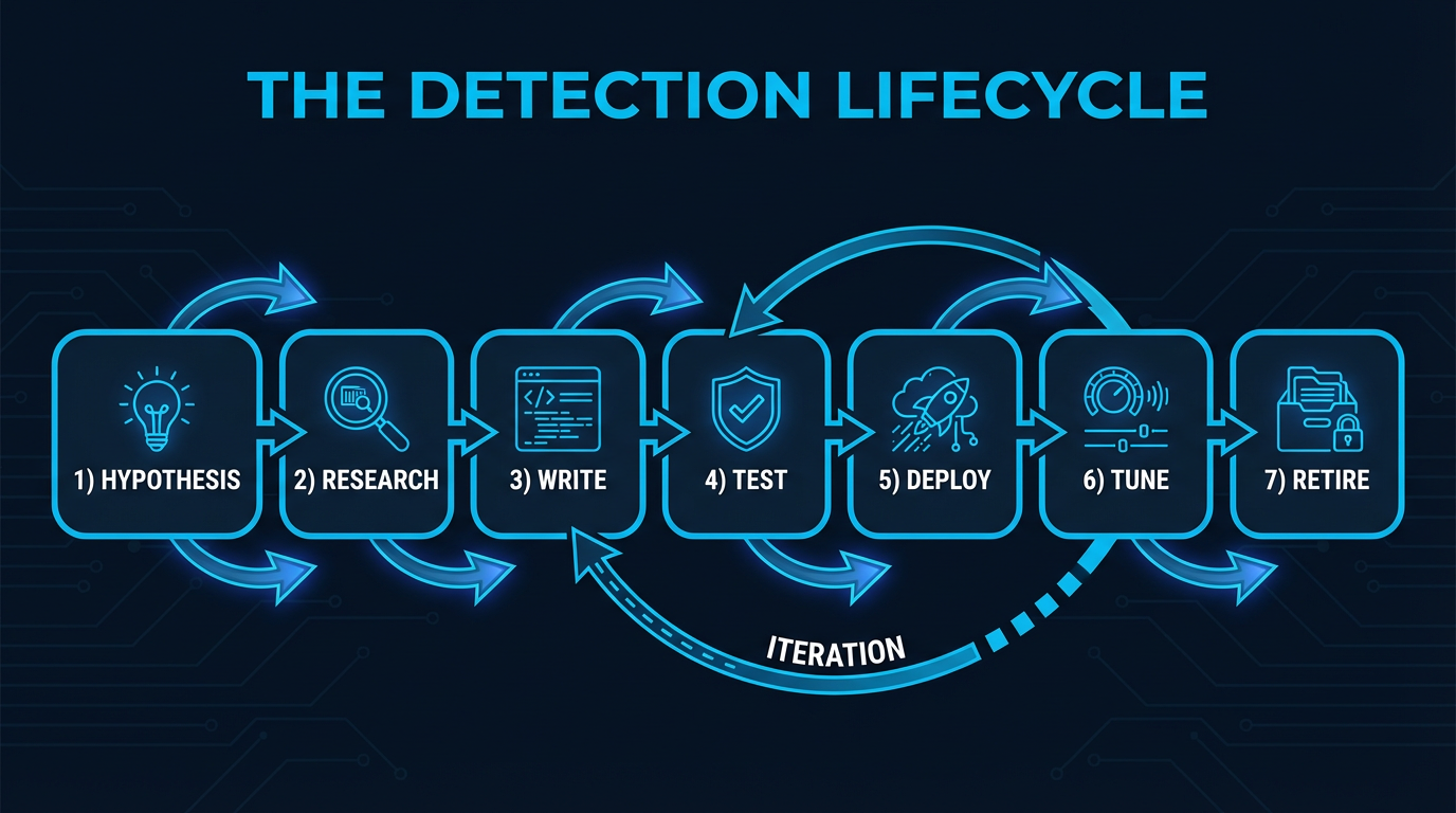 The detection lifecycle — from threat hypothesis through rule creation, testing, deployment, tuning, and retirement