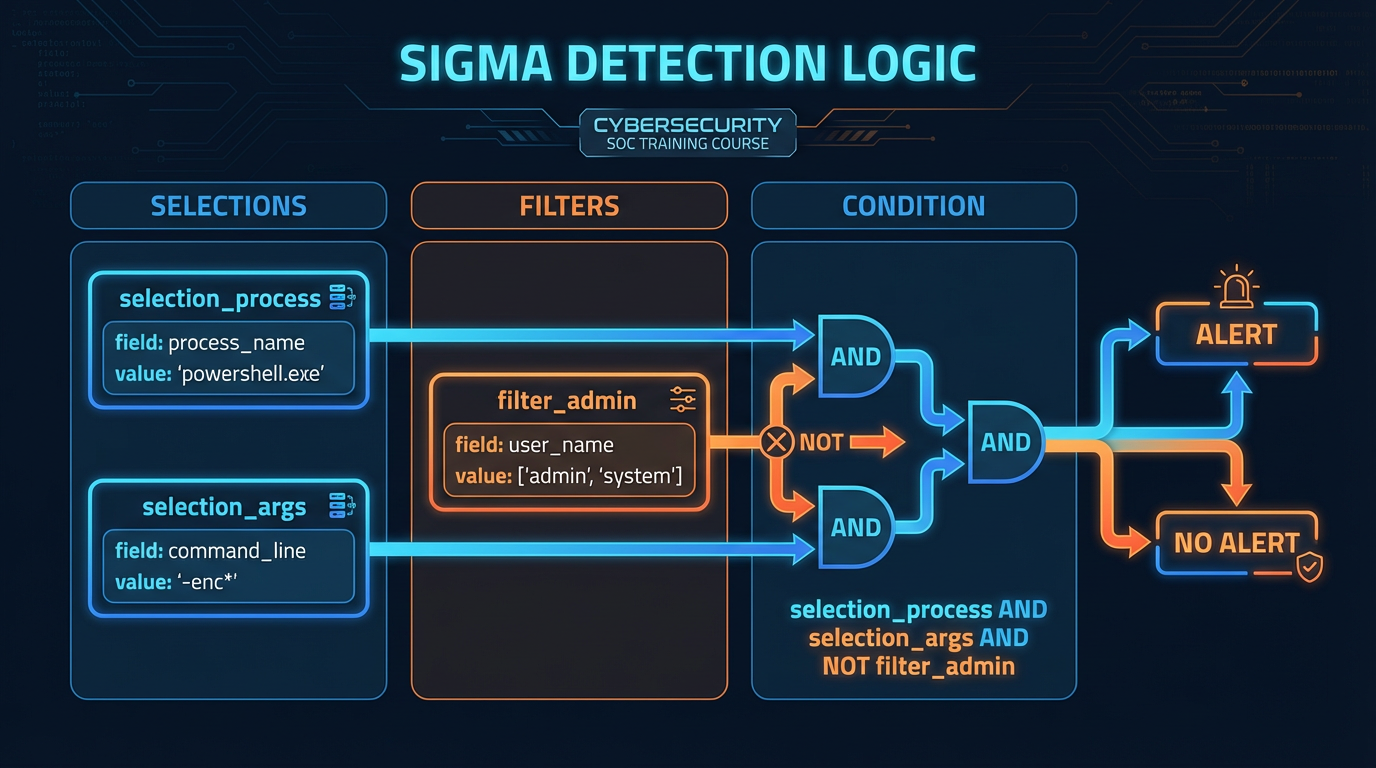Sigma detection logic — selections, filters, conditions, and how they combine to create precise detections