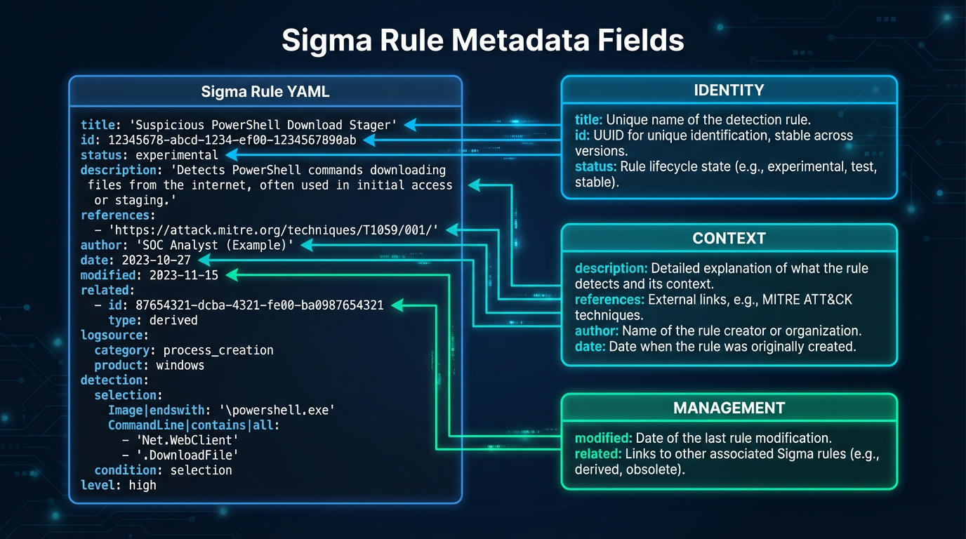 Sigma rule metadata fields — title, ID, status, author, references, and their roles in rule management