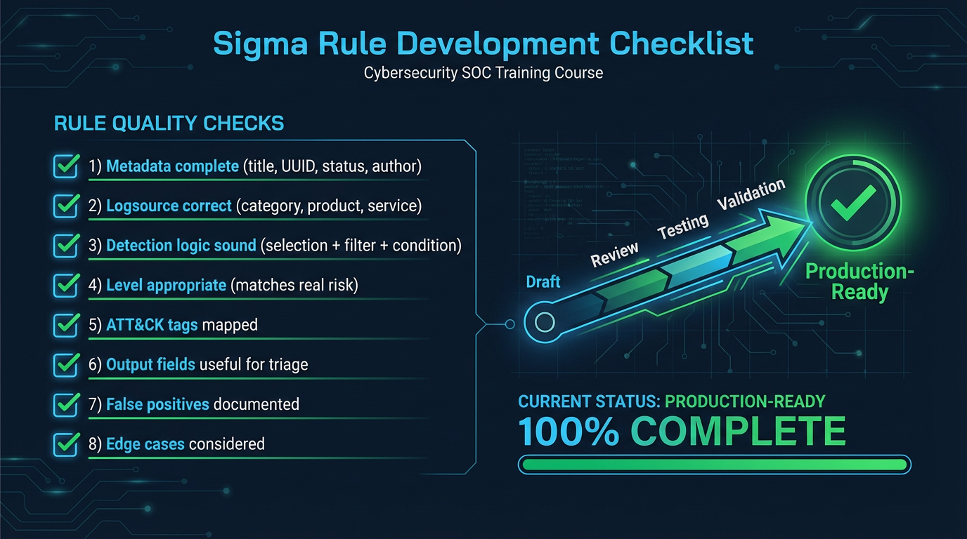 The Sigma rule development checklist — verifying metadata, logic, and quality before deployment