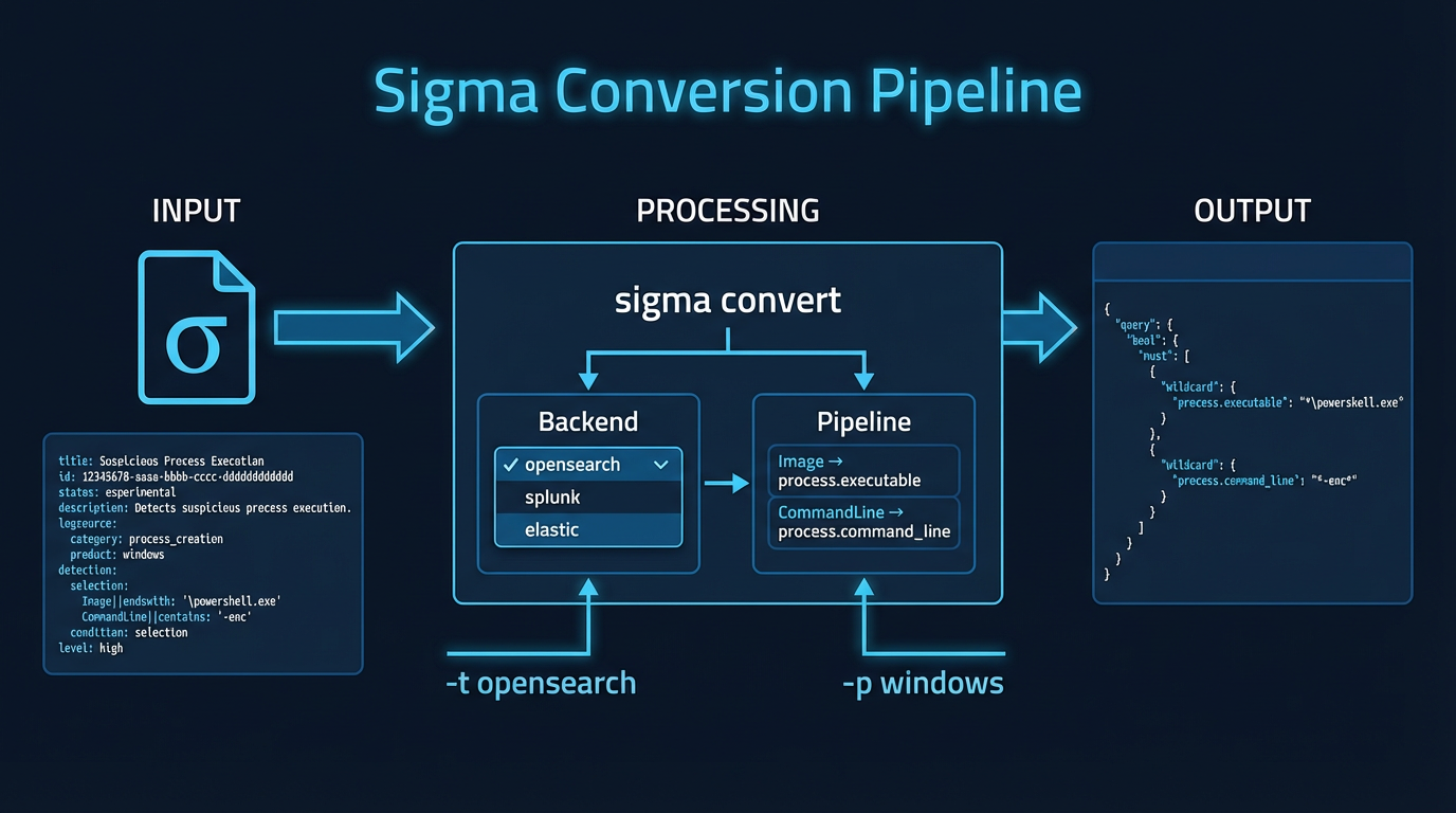 Sigma conversion pipeline — rule input, backend selection, pipeline mapping, and SIEM-ready output