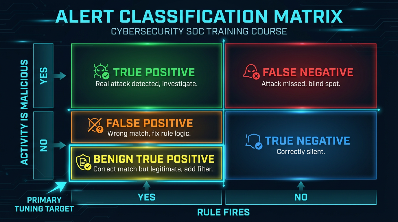 Alert classification matrix — true positives, false positives, benign true positives, and true negatives