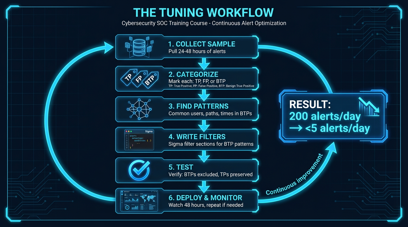 The tuning workflow — from noisy rule through sample collection, categorization, filter creation, and validation