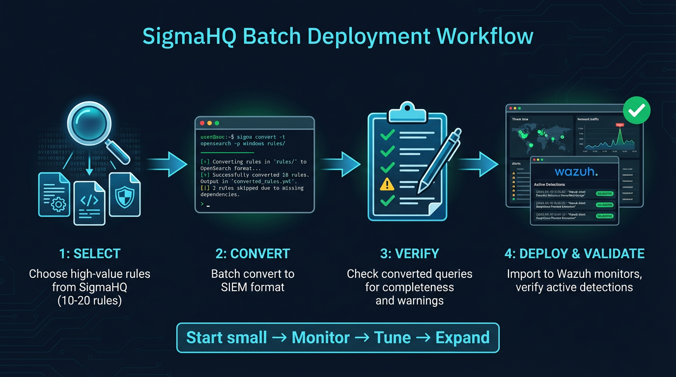 Batch deployment workflow — select, convert, verify, deploy, and validate SigmaHQ rules