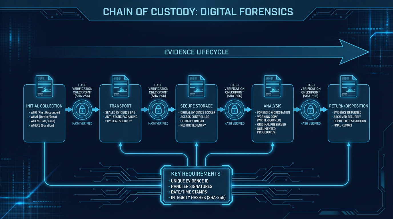 Chain of custody flow — from initial collection through transport, storage, analysis, and final disposition, with hash verification at every transfer point