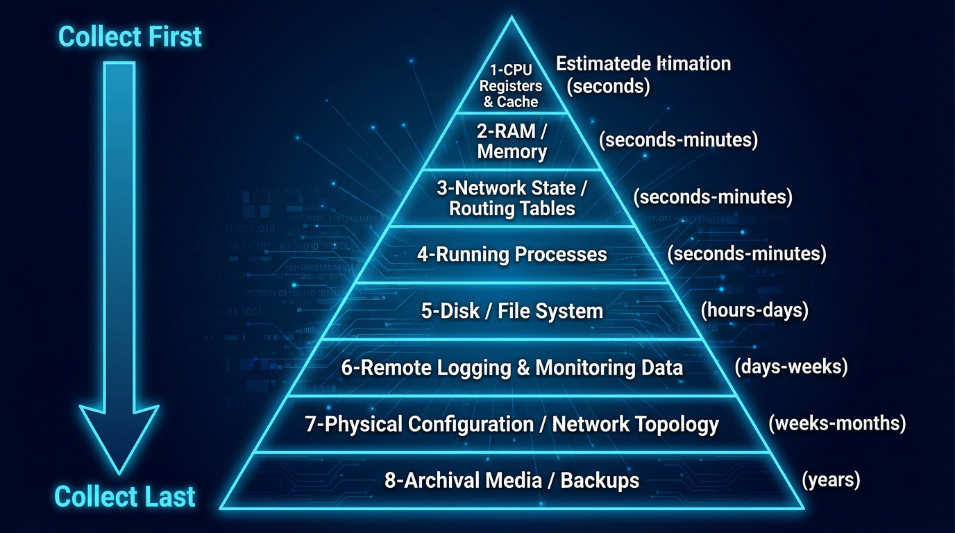 The order of volatility pyramid — RAM at the top (most volatile, collect first) through archival media at the bottom (least volatile, collect last)