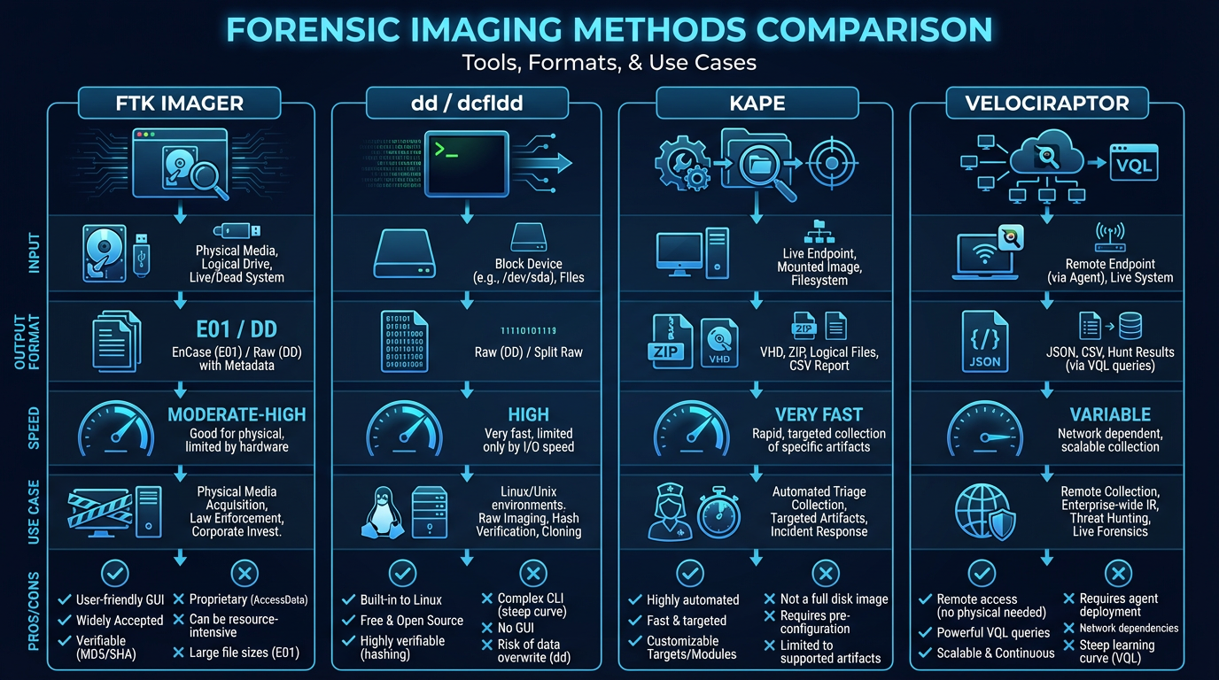 Comparison of forensic imaging methods — FTK Imager (GUI), dd/dcfldd (CLI), KAPE (triage), and Velociraptor (remote) with their output formats and use cases