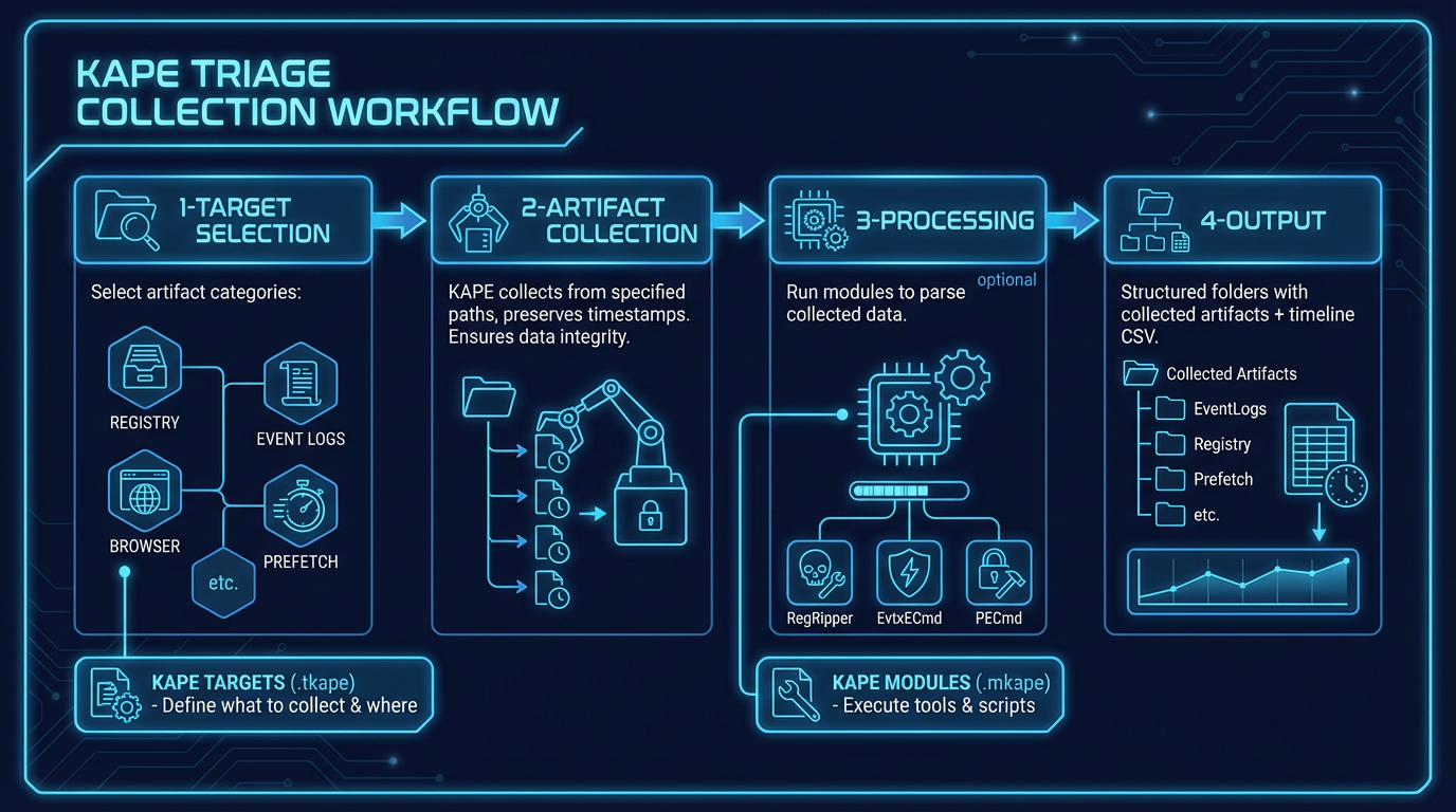 KAPE triage collection workflow — target selection, artifact collection, optional processing, and output with timeline visualization