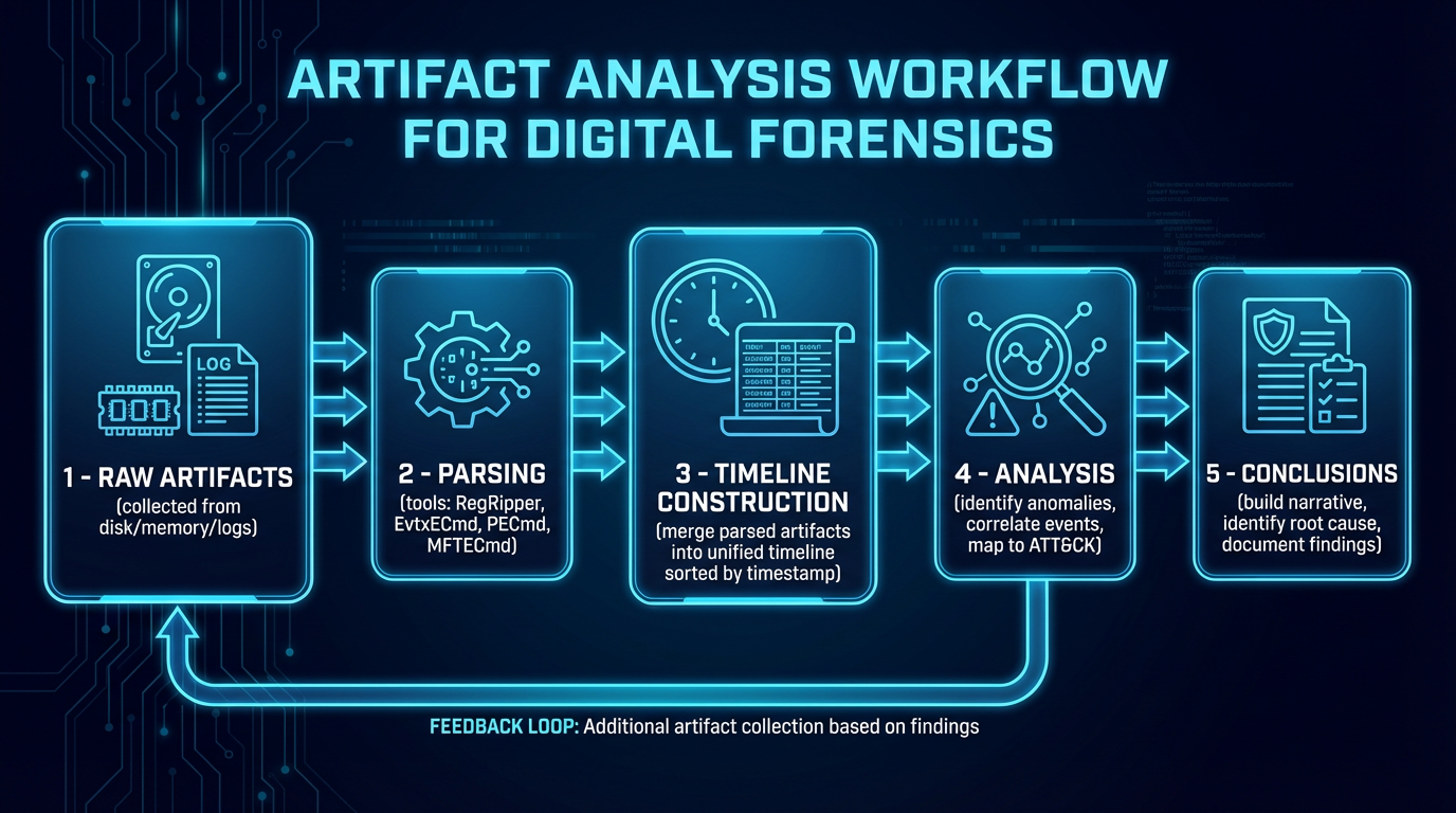 Artifact analysis workflow — from raw artifacts through parsing, timeline construction, and investigative conclusions