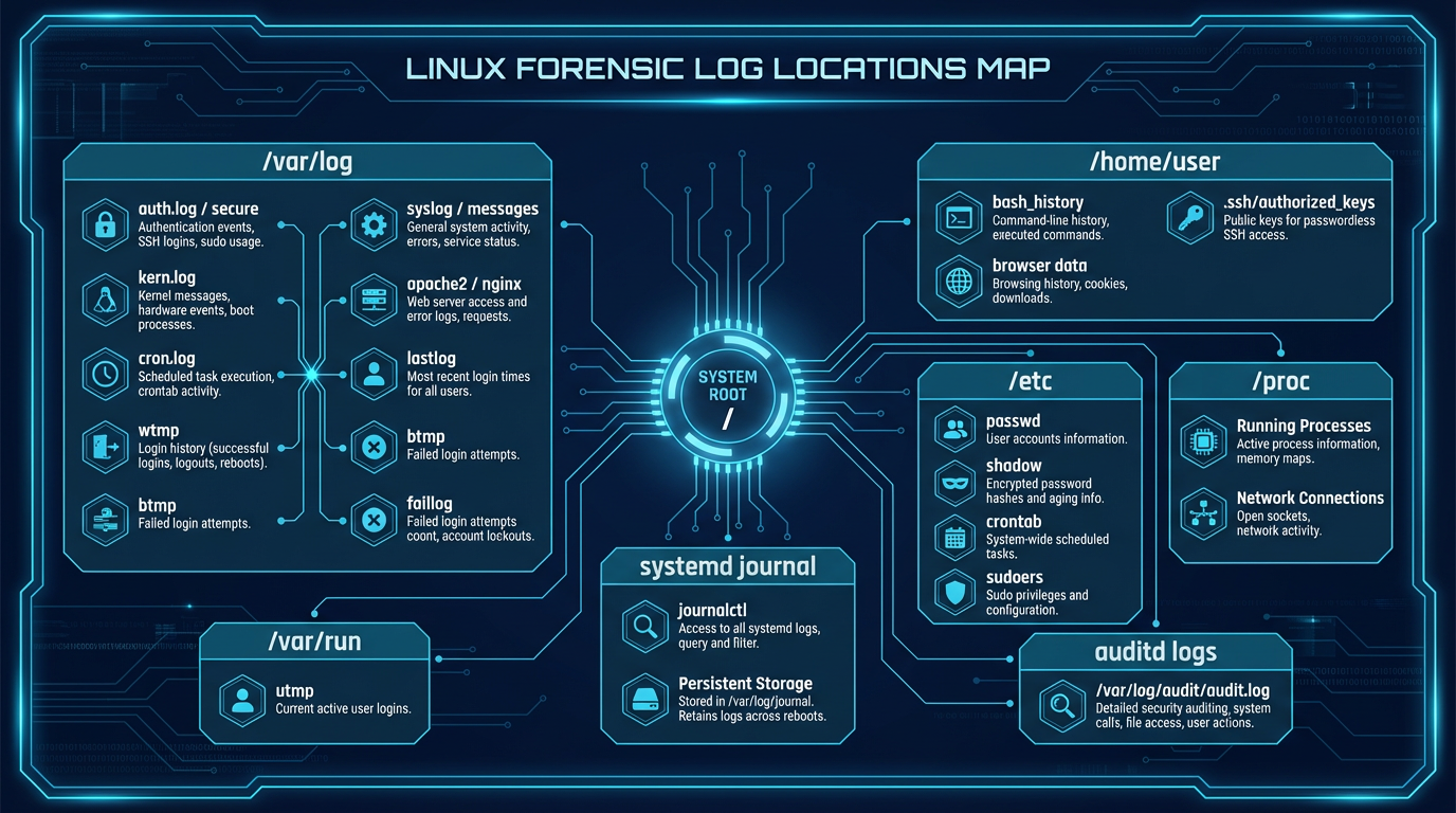 Linux forensic log locations — a map of evidence sources across /var/log, /var/run, user home directories, and systemd journal