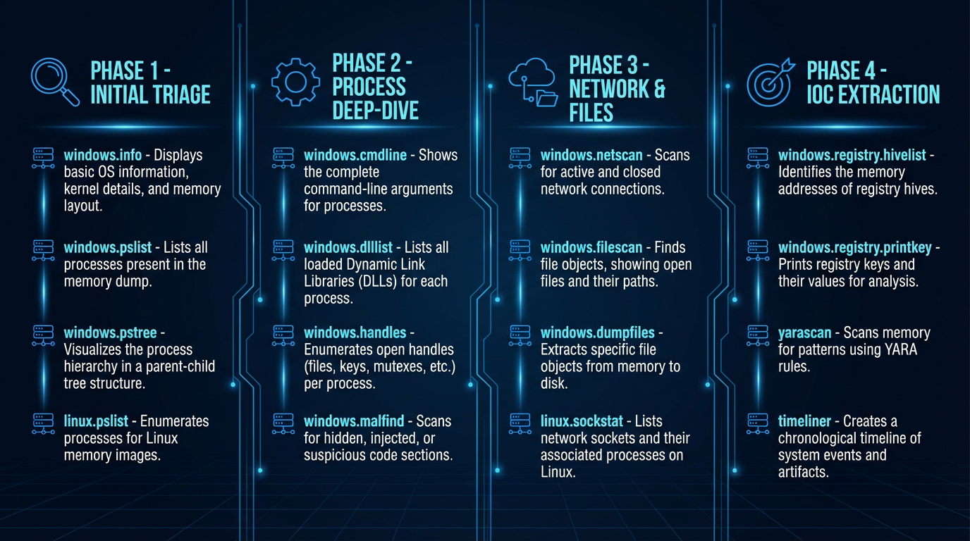 Essential Volatility 3 plugins organized by forensic analysis phase — from initial triage through deep-dive to IOC extraction