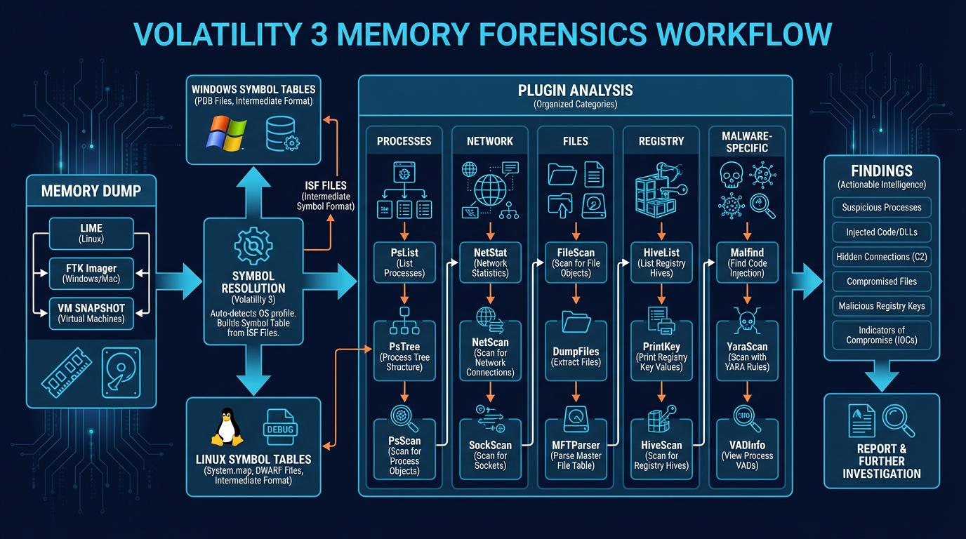 Volatility 3 workflow — from memory dump through symbol resolution to plugin analysis and findings