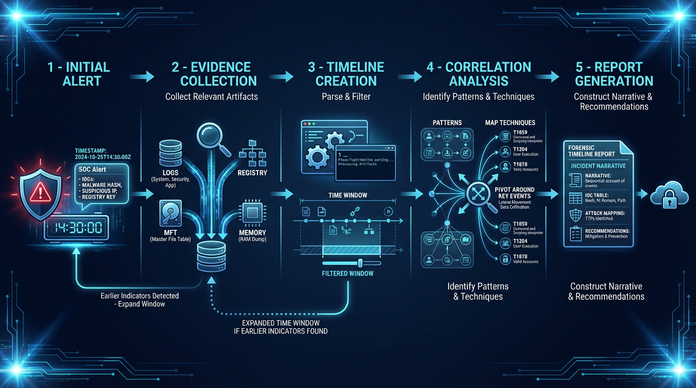 Timeline analysis workflow — from initial alert through evidence correlation to narrative reconstruction and report generation