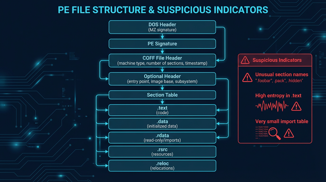 PE file structure — from DOS header through PE header, section table, and section data