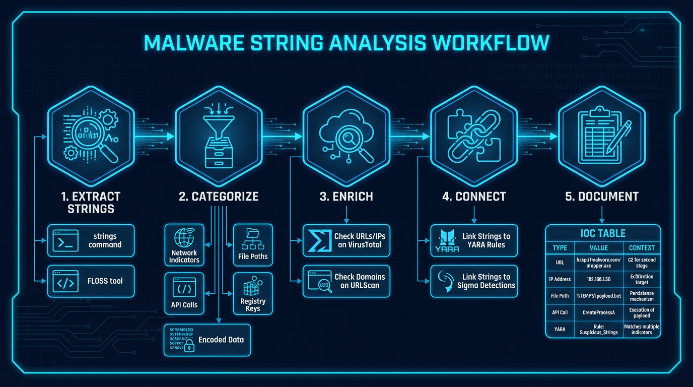 String analysis workflow — from extraction through categorization, pivoting, and IOC generation
