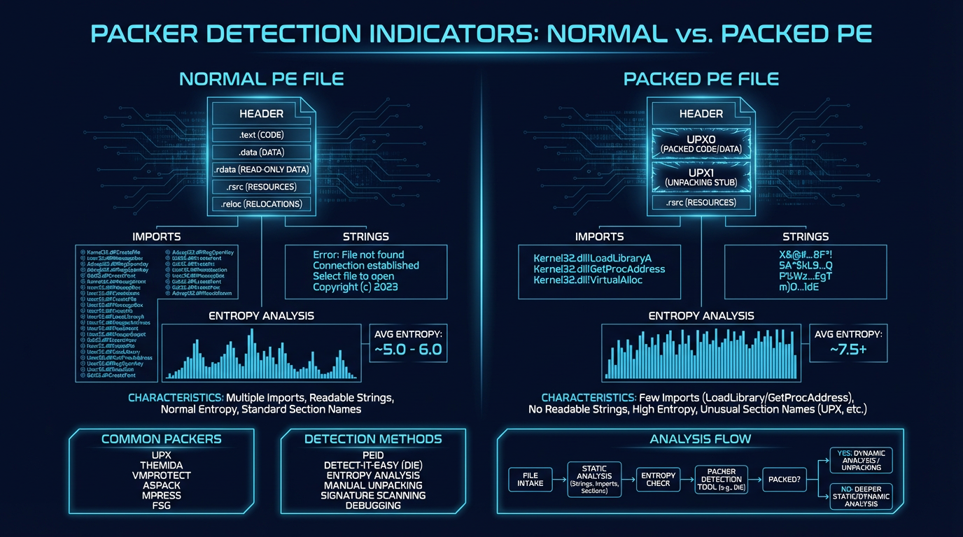 Packer detection indicators — entropy analysis, section characteristics, import count, and tool signatures