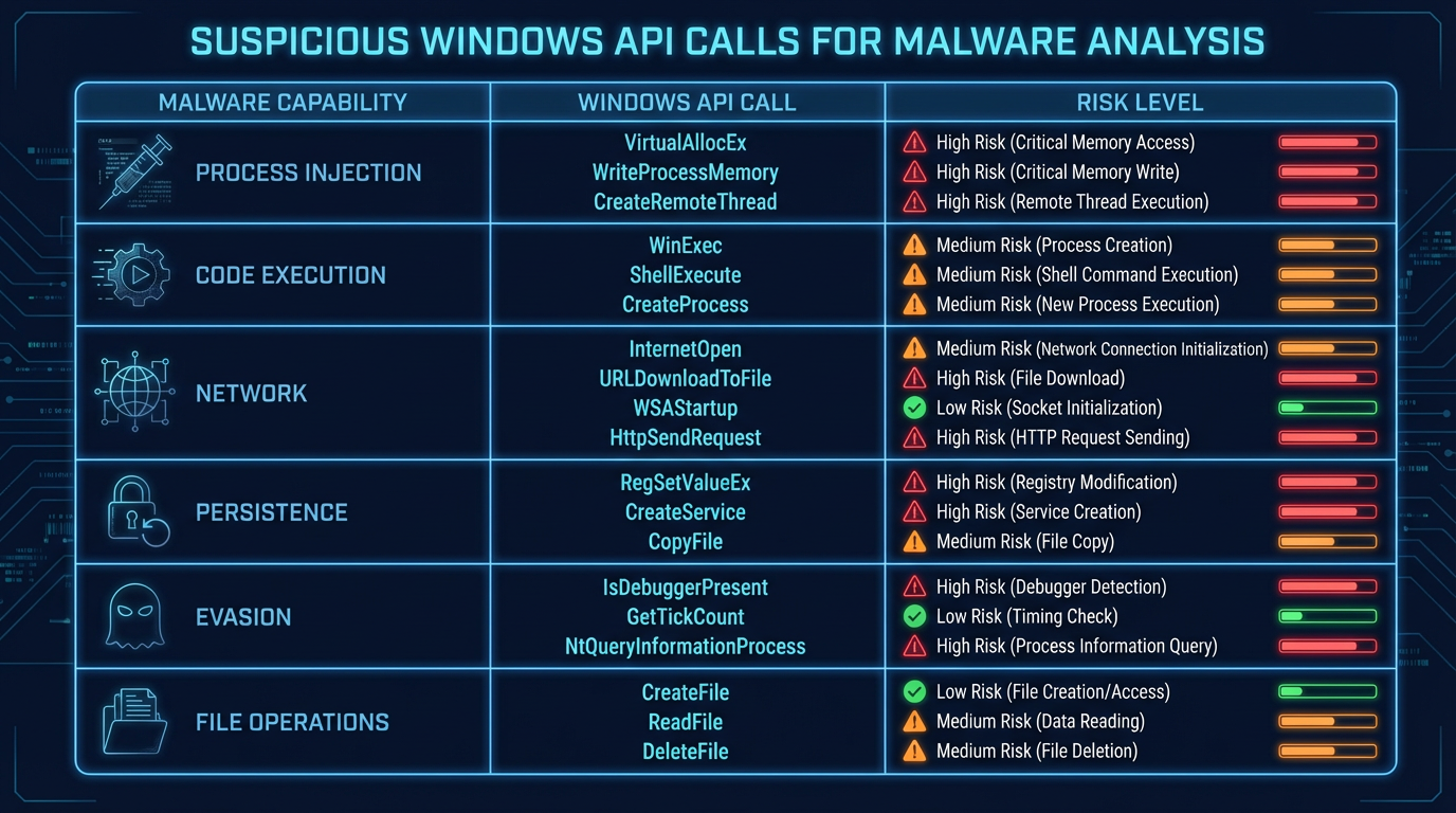 Suspicious API calls organized by malware capability — process injection, network, persistence, evasion, and crypto