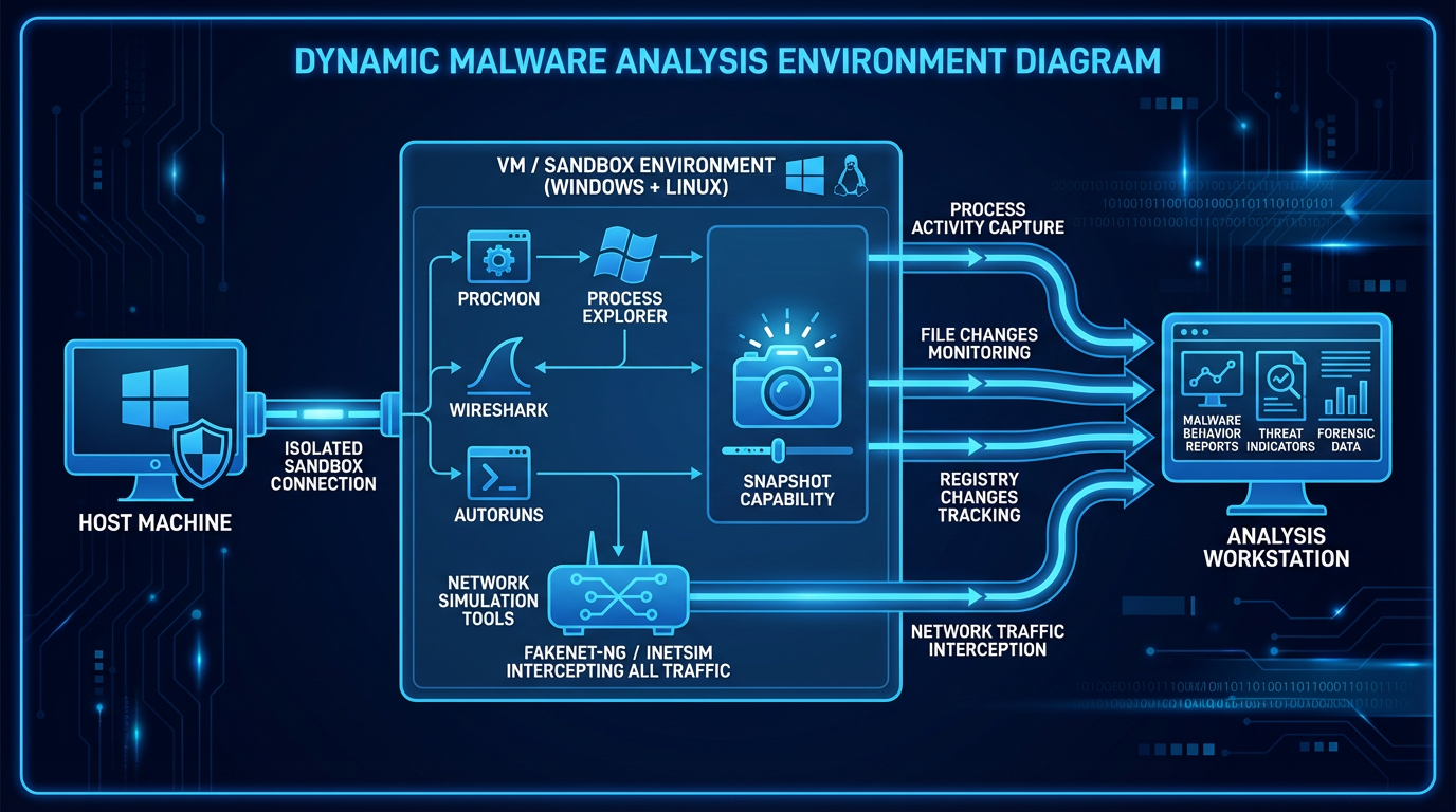Dynamic analysis environment — isolated VM with snapshots, inert network simulation, and monitoring tools pre-installed