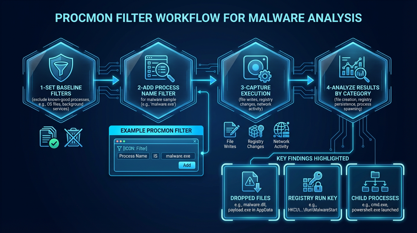 Procmon filter workflow — setting filters before execution, capturing activity, and analyzing results