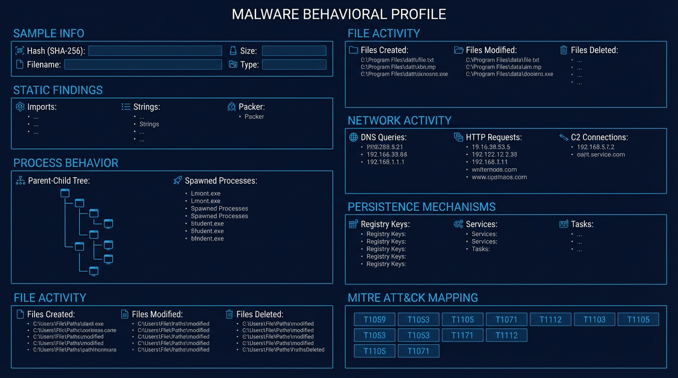 Behavioral profile template combining process, file, network, and registry findings into a structured analysis document
