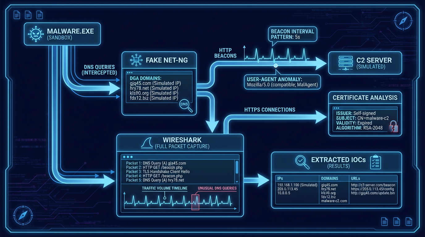 Network capture setup in a malware analysis sandbox showing Wireshark and FakeNet-NG capturing traffic simultaneously