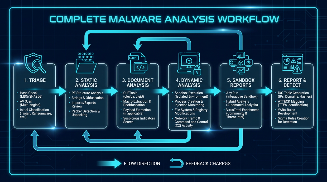 The complete malware analysis workflow — from static analysis through sandbox reports to detection engineering output