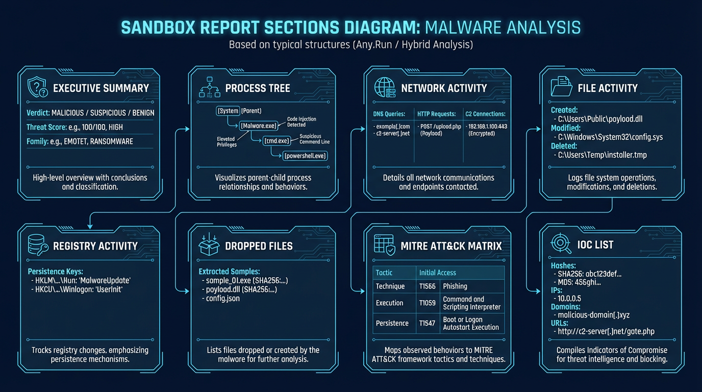 Any.Run report sections — process tree, network activity, IOCs, and ATT&CK mapping in a single dashboard