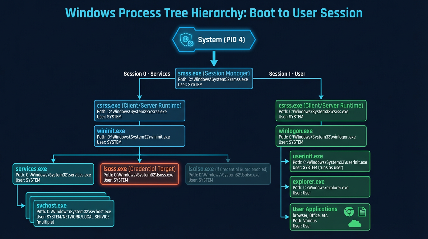 The Windows process tree from kernel initialization through user session — showing the standard parent-child hierarchy for all critical system processes